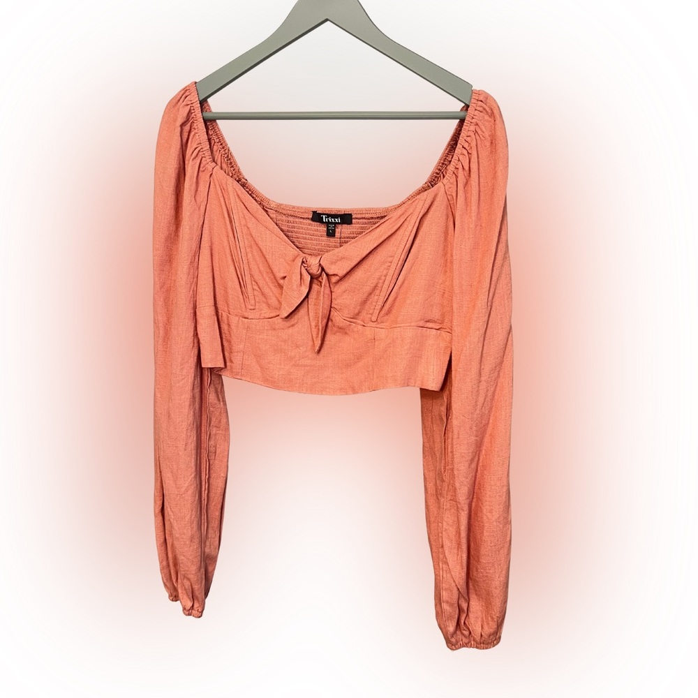 Trixxi Linen Blend Puff Sleeve Smock Back Crop Top Dusty Rose Pink Size L